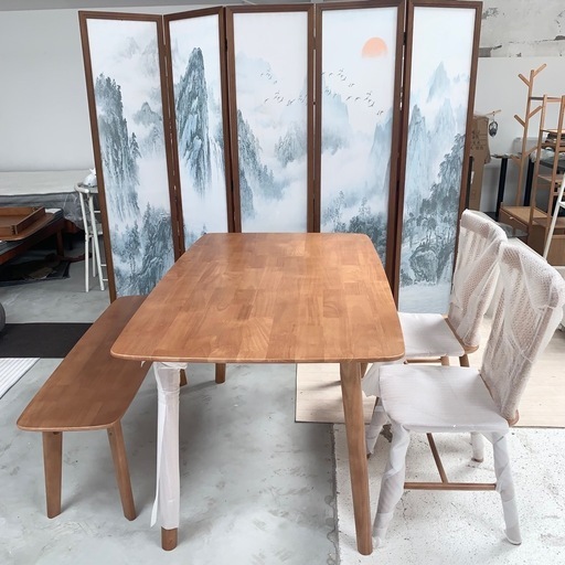 ⭐️新品未使用⭐️北欧風ナチュラルウッドテーブル、ウィンザーチェア2脚とベンチ1脚の4人掛けセット