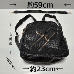 リュック　レザー　3WAY　黒　PU　ショルダー　多収納　イントレチャート　編み込み　上質　ポケット　ノーブランド　合皮　ゴールドの画像