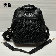 リュック　レザー　3WAY　黒　PU　ショルダー　多収納　イントレチャート　編み込み　上質　ポケット　ノーブランド　合皮　ゴールドの画像