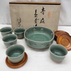 24＊6188 青磁 美濃 『茶菓揃』湯 茶托 五客 菓子鉢　木...
