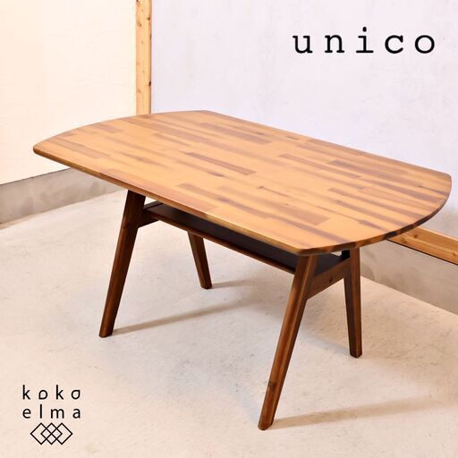 unico(ウニコ)のSWELLA(スウェラ)ダイニングテーブルW1200です！アカシア材を使用したラフな印象の食卓♪西海岸スタイルや男前インテリアにもおススメ。棚付きなので小物や雑誌の収納も可能！