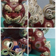 ● 九谷 八幡窯 玉乗り獅子 21×25cm 繊細 盛絵付け 金彩 玉獅子 縁起物 厄除け 魔除け  シーサー 招福 唐獅子 狛犬 置物 美品 ③の画像