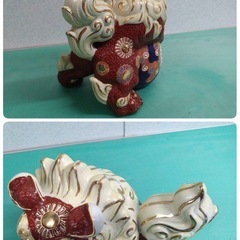 ● 九谷 八幡窯 玉乗り獅子 21×25cm 繊細 盛絵付け 金彩 玉獅子 縁起物 厄除け 魔除け  シーサー 招福 唐獅子 狛犬 置物 美品 ③の画像