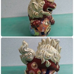 ● 九谷 八幡窯 玉乗り獅子 21×25cm 繊細 盛絵付け 金彩 玉獅子 縁起物 厄除け 魔除け  シーサー 招福 唐獅子 狛犬 置物 美品 ③の画像