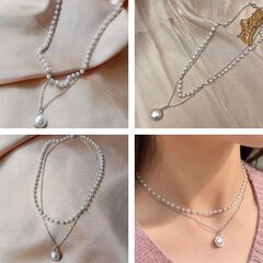 韓国/二重パールコンビネックレス（新品）シルバーの画像