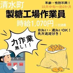 【日払い・週払い可】約2カ月の短期！10月中旬～/製糖工場作業員...