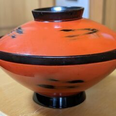 木製漆、椀、５客、蓋付き、朱色、内側黒