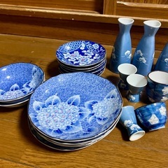 《美品》紫陽花柄お皿・徳利セット