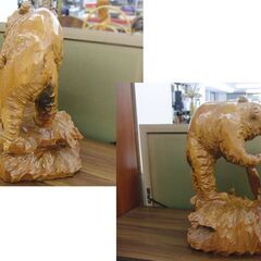 木彫り 熊 親子 鮭 約50cm 置物 伝統工芸 床の間 玄関 インテリア 民芸