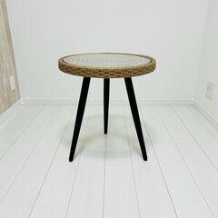 サイドテーブル ラタン調 幅50cm 丸 円形 丸型 ガラス ソファテーブル ガーデンテーブル 軽量 コンパクト 耐水 リゾート風の画像