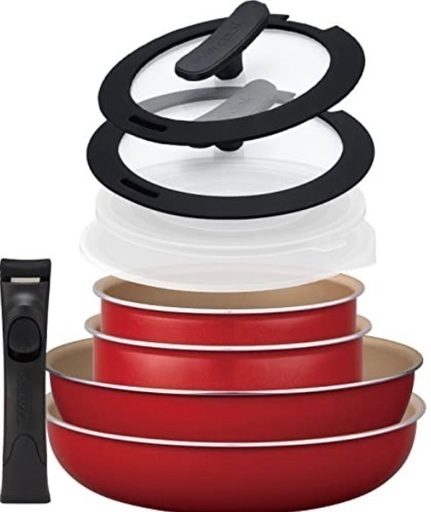 【値下げしました】エバークック　フライパン9点セット 着脱式 IH対応 レッド