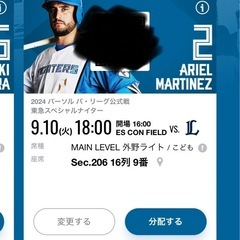 2枚価格 親子ペアチケット 2席連番 9月10日 18時 日本ハムファイターズ対埼玉西武ライオンズ戦 エスコンフィールド の画像