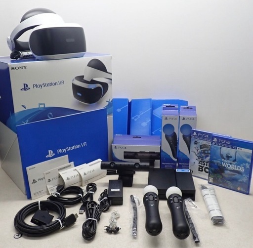 動作品 PS4/PS5 PSVR プレイステーションVR + PlayStation Camera + PSCamera アダプター + ソフト2本 等 まとめてセット SONY 箱説付