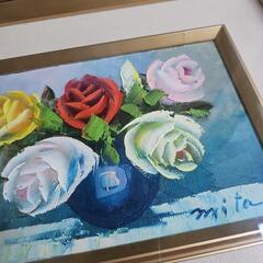 【昭和レトロ/1970年代物】mita真作 木製 額縁入り 金縁 油絵 手描き  薔薇 花瓶  花柄デザイン 油彩 額装 静物画の画像