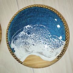 海オーシャンレジン　バンブーコースター4枚セット　ゴールドライン　海　波アート　ハンドメイド　丸形　大きめサイズの画像