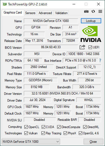 MSI GeForce GTX1080 AERO 8G