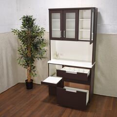 【ジモ取引終了11/9】≪zyt1596ジ≫ ニトリ キッチンボード/食器棚 ダリア100 幅100cm DAHLIA 100KB-DBR 2018年製造 ダークブラウン おしゃれ/シック/モダン/中古家具/宮城県仙台市 60831-08の画像