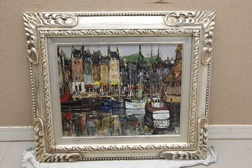 真作 岡本 肇 油彩画 北佛ノルマンディ オンフルール港 油絵 F6 額寸約 51cm×60.5cm (R2414akxY)