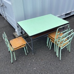 幼稚園　机　グリーン　椅子6脚　セット　昭和レトロ　アンティーク家具
