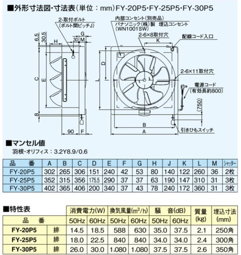 パナソニック 換気扇 羽30cm/埋込35cm FY-30P6 スタンダード形