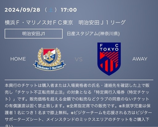 マリノスvsFC東京ペアチケット