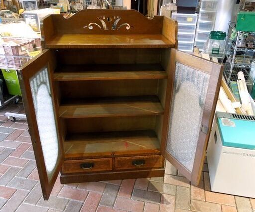 古民家 旧家 昭和レトロ 収納家具 本棚 飾り棚 書棚 幅76cm ダイヤガラス キャビネット 茶箪笥 札幌市 新道東店