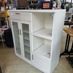 ハイタイプ キッチンカウンター ガラス2枚扉 引出し1個 ダブルスライドテーブル 下扉1枚 コンセント2口 レンジボード レンジ台 キッチンボード ホワイト 鏡面仕上げ 木目模様 棚板可動式■横幅100cm×奥行45cm×高さ114cm■近隣配送無料 買取帝国 朝霞店