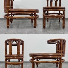 SNT540 ラタン サイドテーブル付きチェア レトロ ガラステーブル ヴィンテージ 椅子 籐 家具 中古 インテリア の画像