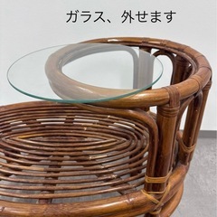 SNT540 ラタン サイドテーブル付きチェア レトロ ガラステーブル ヴィンテージ 椅子 籐 家具 中古 インテリア の画像