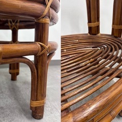 SNT540 ラタン サイドテーブル付きチェア レトロ ガラステーブル ヴィンテージ 椅子 籐 家具 中古 インテリア の画像