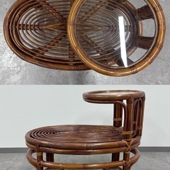 SNT540 ラタン サイドテーブル付きチェア レトロ ガラステーブル ヴィンテージ 椅子 籐 家具 中古 インテリア の画像