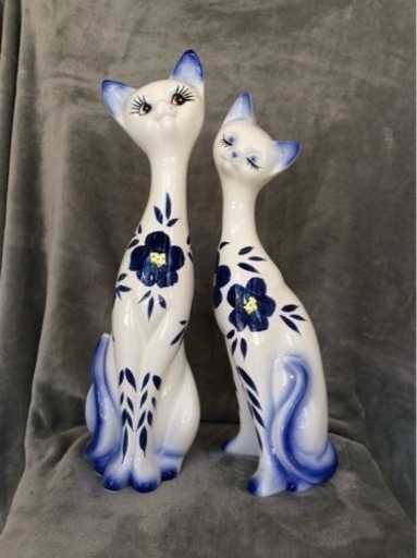【値下げしました】猫 ペア置物 昭和レトロインテリア 陶器製 アンティーク no1421