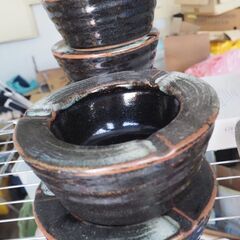益子焼の灰皿、５個セット、１６ｘ１６ｘ７、めだかにも