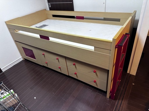 アクタス製ロフトベッド【ココナッツ繊維使用マットレス、収納チェスト2台＋投げ込み収納1台付き】