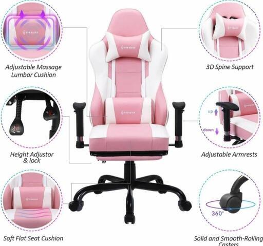 ②VON RACER ピンク ゲーミングチェア 人間工学的 PCチェア マッサージ腰サポートとヘッドレスト付き ゲームチェア 調節可能なアームレスト コンピューター用 PUレザー Eスポーツゲーマーチェア 格納式フットレスト ピンク