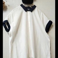 ユニクロ　シャツ　L 美品　ネイビーオフホワイト　バイカラー　レーヨン