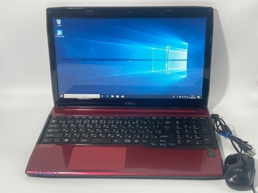 富士通 ノートパソコン 15.6インチ レッド Windows 10 マウス付き