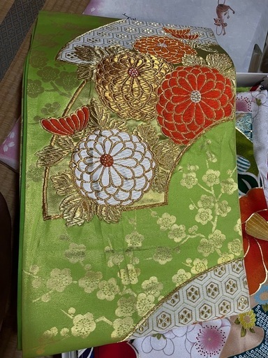 全通袋帯 金糸刺繍 黄緑 成人式 結婚式