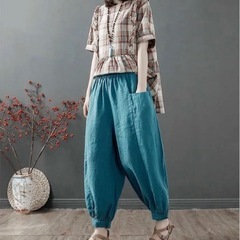 新品　リネンパンツ サルエルパンツ 着やせ 九分丈 クロップドパンツ体型カバー 綿麻の画像