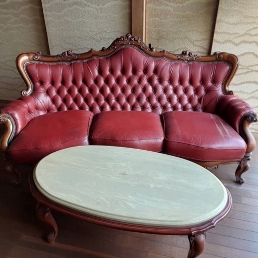 ヴィンテージ 三人掛けソファー　大理石テーブル　1人掛け２脚