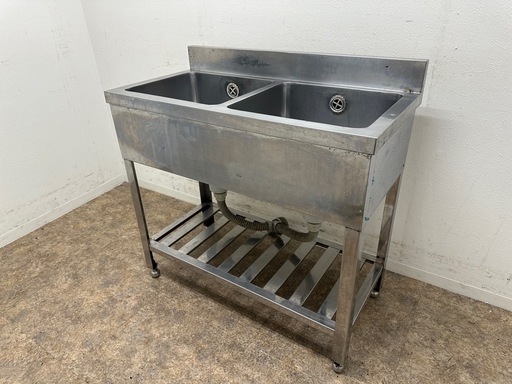 ステンレス　業務用　2層シンク流し台　厨房　飲食店　W９００ｘＤ４５０ｘＨ８００ｍｍ