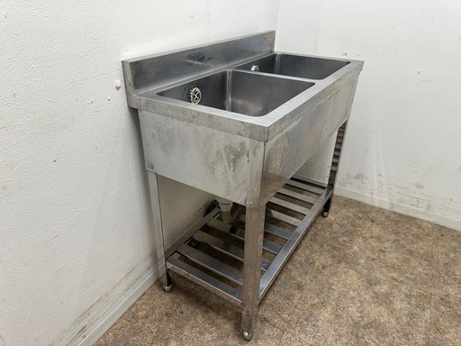ステンレス　業務用　2層シンク流し台　厨房　飲食店　W９００ｘＤ４５０ｘＨ８００ｍｍ