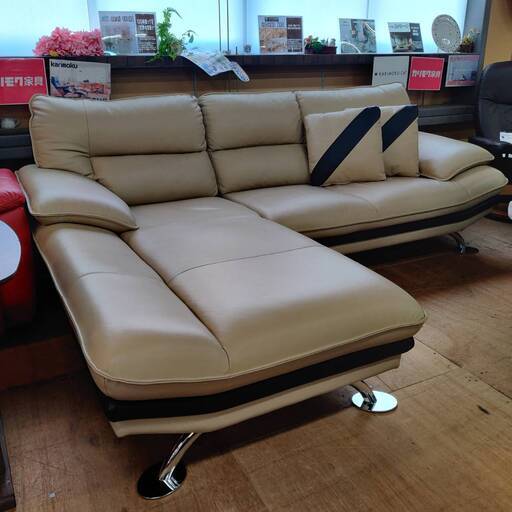 【愛品倶楽部柏店】NITORI (ニトリ) 右カウチ コーナーソファSET ロゾ4 一部本革仕様 別売クッション×2付