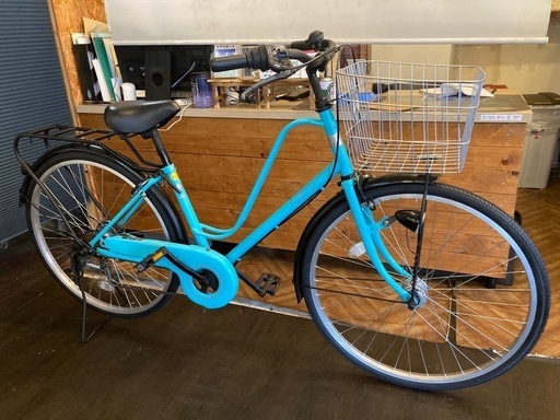 【前輪タイヤ・チューブ新品！】 LEDオートライト　6段変速　26インチ自転車　ターコイズ