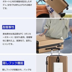 スーツケース 大容量 超軽量 キャリーケース キャリーバッグ 隠しフック機能 ABS+PC 耐衝撃 静音 360度回転 ダブルキャスター ファスナー式 TSAロック搭載 修学 旅行 宿泊 ビジネス 出張 (シャンパンゴールド, Lサイズ/95L（5泊～長期旅行))の画像