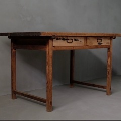 古い2杯抽斗木製作業台 / ワーキングテーブル 机 デスク 陳列台 古