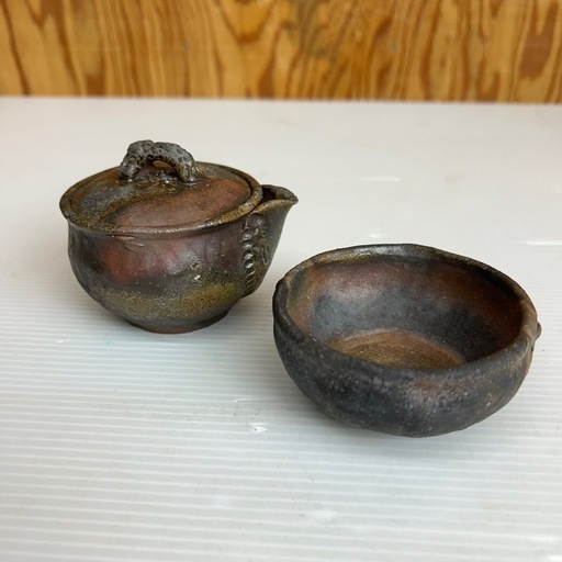 k0912611 備前焼 木村陶峰造 備前焼  蔵出し品 宝瓶 急須 茶器 抹茶碗 共箱　茶器揃 泡瓶 湯冷 茶碗五客  箱付  煎茶道具 茶道具 中古 現状品