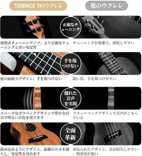TERENCE ウクレレ マホガニー単板製 23インチ カポタスト ストラップ付き クリップチューナー付き 持ち運び便利 収納ケース付き
