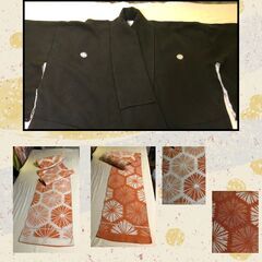 黒色着物とオレンジ・ベージュの花柄帯 - 良好な状態の画像
