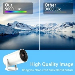 ポータブルワイヤープロジェクター、1080P 4Kムービープロジェクター、ミニビデオプロジェクター、家庭用屋外シネマ、180°投影角度調整可能、HDTV、USB、AV、スマートフォン、パッド、TVボックス、ノートパソコンと互換性ありの画像